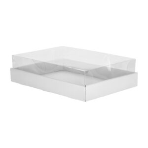קופסא לעוגת מספרים 42X30X8 ס"מ בצבע לבן עם מכסה שקוף